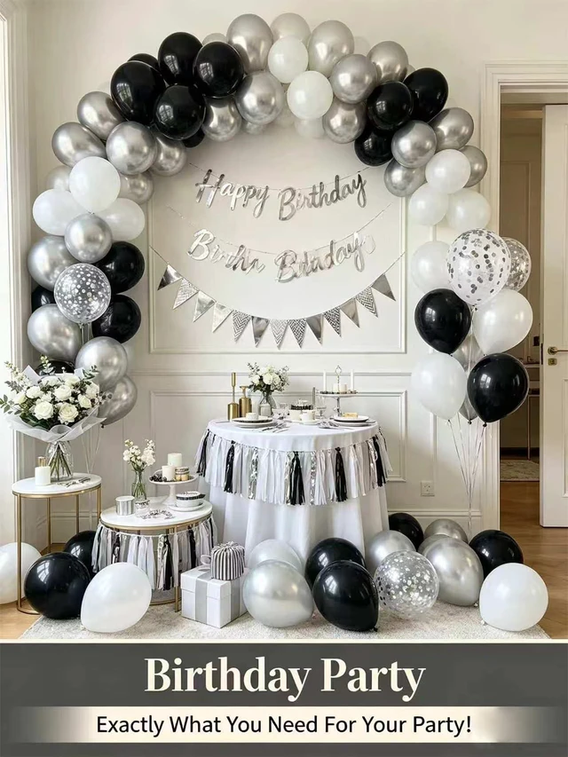 Alt view image 2 of 7 - Black and Silver Balloons 12 Inch 60 Pcs Pearl Silver White Latex Balloons | Metallic Pearl Silver Black White Latex Confetti Balloons with Ribbon & Balloon Tape for Birthday Graduation Party
