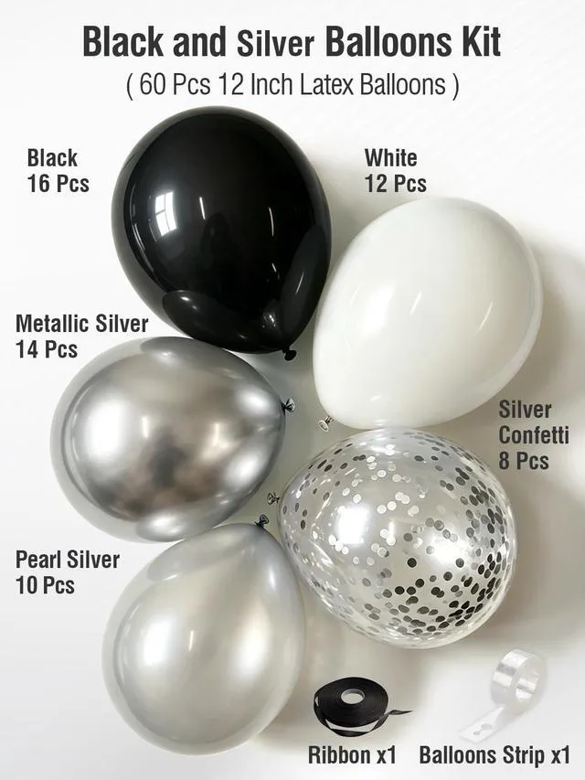 Alt view image 3 of 7 - Black and Silver Balloons 12 Inch 60 Pcs Pearl Silver White Latex Balloons | Metallic Pearl Silver Black White Latex Confetti Balloons with Ribbon & Balloon Tape for Birthday Graduation Party