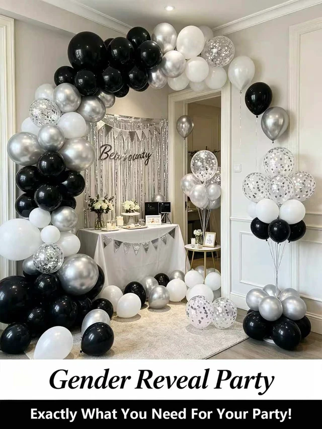 Alt view image 7 of 7 - Black and Silver Balloons 12 Inch 60 Pcs Pearl Silver White Latex Balloons | Metallic Pearl Silver Black White Latex Confetti Balloons with Ribbon & Balloon Tape for Birthday Graduation Party