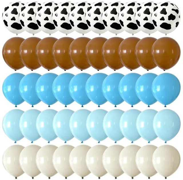 Main image of Cow Print Balloons 12 Inch 55 Pcs Light Blue Brown Sand White Cow Balloons | with Tape Strip and Ribbon for Cowboy First Rodeo Birthday Party Baby Shower Farm Western Teme Party Decorations