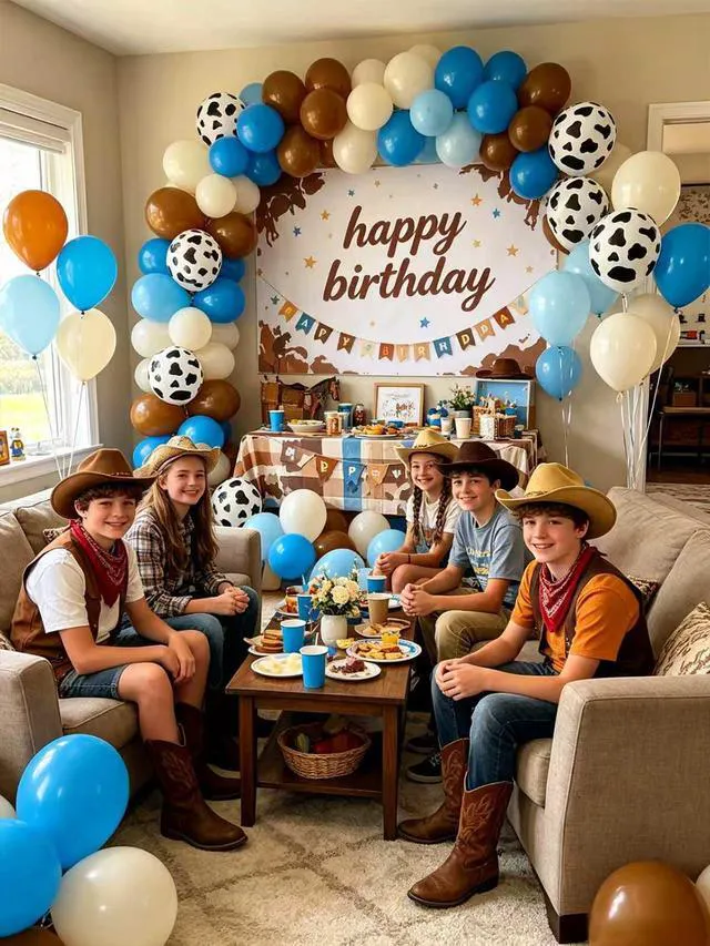 Alt view image 2 of 7 - Cow Print Balloons 12 Inch 55 Pcs Light Blue Brown Sand White Cow Balloons | with Tape Strip and Ribbon for Cowboy First Rodeo Birthday Party Baby Shower Farm Western Teme Party Decorations