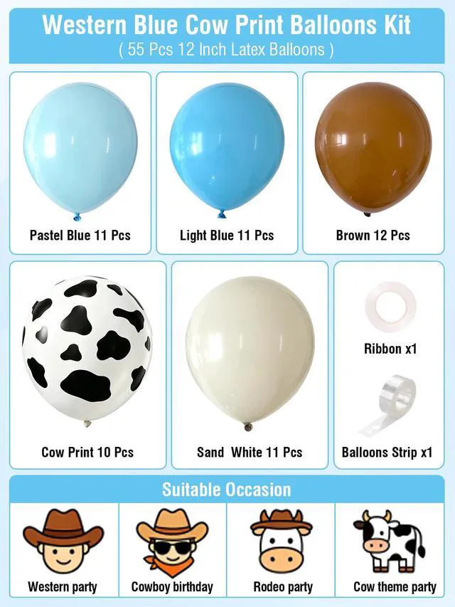Alt view image 3 of 7 - Cow Print Balloons 12 Inch 55 Pcs Light Blue Brown Sand White Cow Balloons | with Tape Strip and Ribbon for Cowboy First Rodeo Birthday Party Baby Shower Farm Western Teme Party Decorations