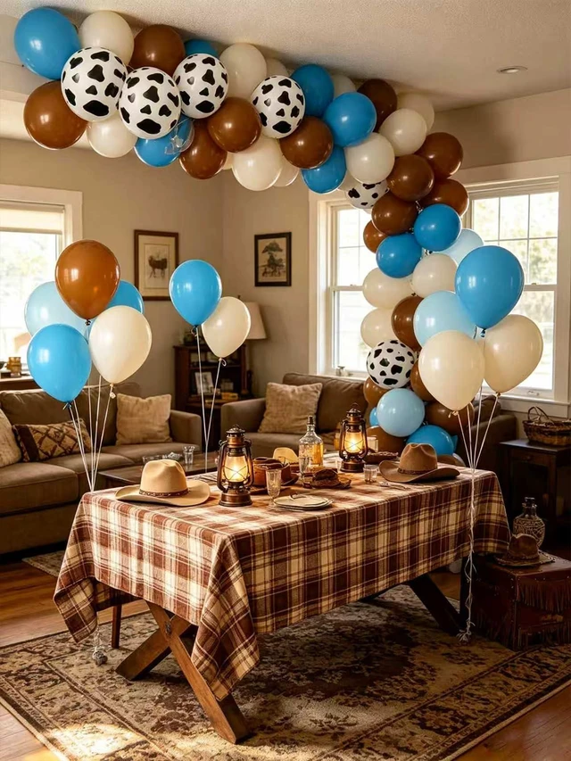 Alt view image 7 of 7 - Cow Print Balloons 12 Inch 55 Pcs Light Blue Brown Sand White Cow Balloons | with Tape Strip and Ribbon for Cowboy First Rodeo Birthday Party Baby Shower Farm Western Teme Party Decorations