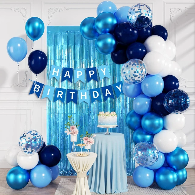 Main image of Blue Happy Birthday Decorations with Banner Balloons Foil Curtain | White Light Navy Metallic Blue Confetti Balloons with Happy Birthday Banner, Foil Curtain, Birthday Decorations for Men Boys