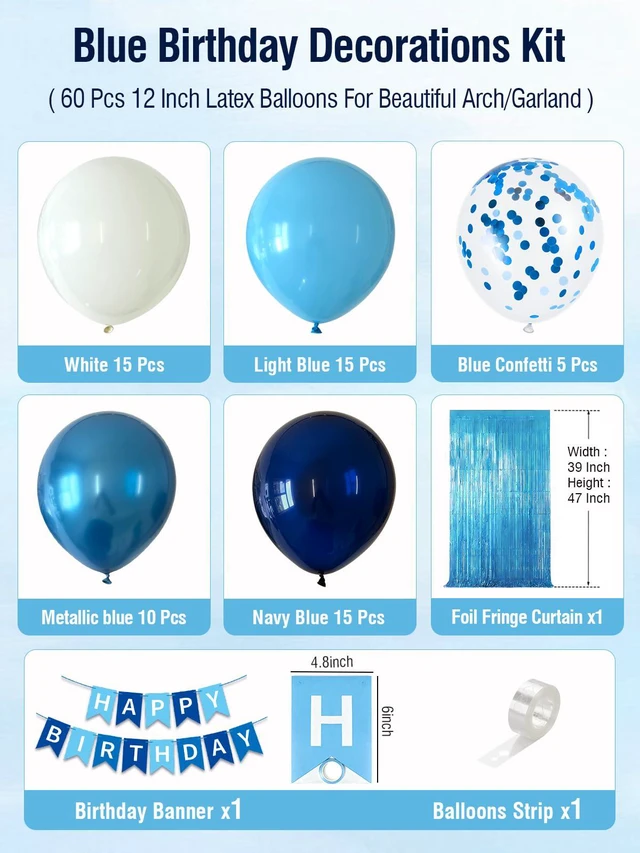 Alt view image 2 of 7 - Blue Happy Birthday Decorations with Banner Balloons Foil Curtain | White Light Navy Metallic Blue Confetti Balloons with Happy Birthday Banner, Foil Curtain, Birthday Decorations for Men Boys