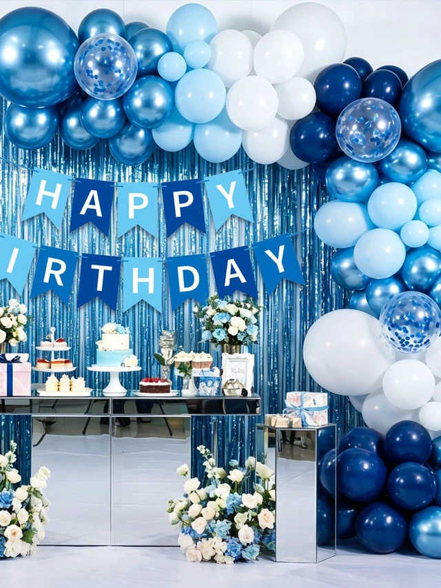 Alt view image 3 of 7 - Blue Happy Birthday Decorations with Banner Balloons Foil Curtain | White Light Navy Metallic Blue Confetti Balloons with Happy Birthday Banner, Foil Curtain, Birthday Decorations for Men Boys