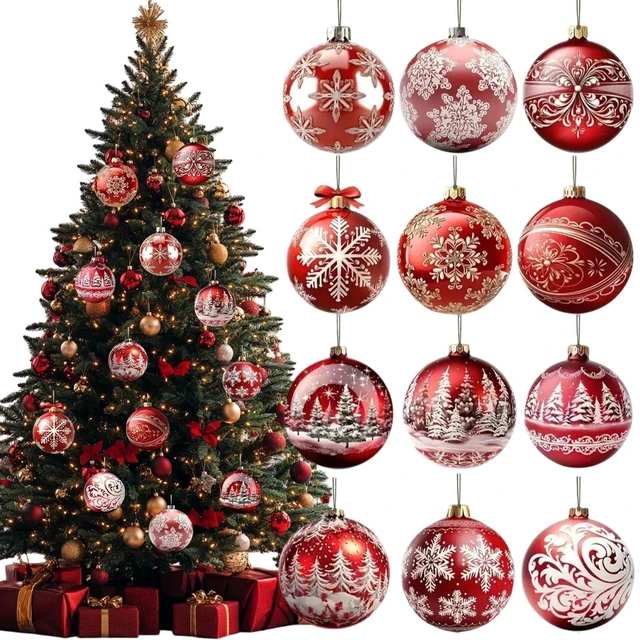 Main image of Christmas Tree Decorations Set 12Pcs Xmas Trees Snowflake Designs Wooden Christmas Ornaments Red & White Xmas Balls Hangings Ornaments for Winter New Year Decors Holiday Party Home Supplies