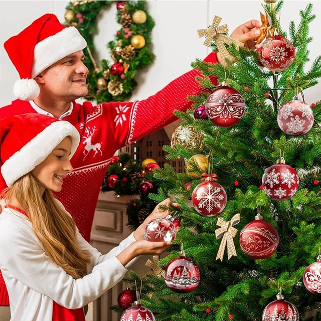 Alt view image 2 of 7 - Christmas Tree Decorations Set 12Pcs Xmas Trees Snowflake Designs Wooden Christmas Ornaments Red & White Xmas Balls Hangings Ornaments for Winter New Year Decors Holiday Party Home Supplies