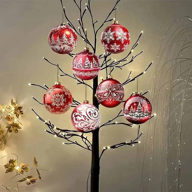 Alt view image 6 of 7 - Christmas Tree Decorations Set 12Pcs Xmas Trees Snowflake Designs Wooden Christmas Ornaments Red & White Xmas Balls Hangings Ornaments for Winter New Year Decors Holiday Party Home Supplies