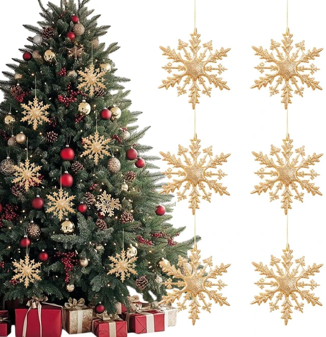 Main image of POUOJIEYI Christmas Decorations 6Pcs Glitter Gold Snowflake Hanging Ornament PVC Snowflakes Decorations Christmas Tree Ornaments for Outdoor Indoor Xmas Holiday Party Decorations