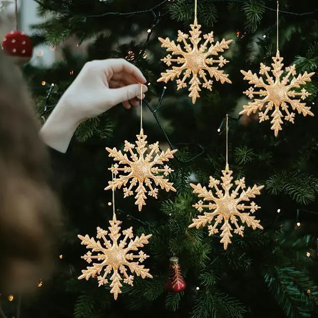 Alt view image 3 of 7 - POUOJIEYI Christmas Decorations 6Pcs Glitter Gold Snowflake Hanging Ornament PVC Snowflakes Decorations Christmas Tree Ornaments for Outdoor Indoor Xmas Holiday Party Decorations
