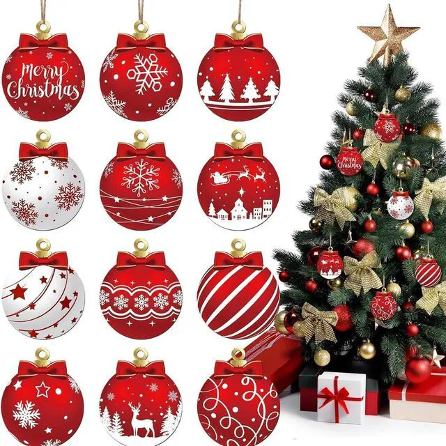 Main image of Christmas Tree Decorations Set, 12Pcs Wood Red & White Xmas Ball Hanging Ornaments with Merry Christmas, Bow, Snowflake, Elk and Star Design Winter Ornaments for Home Holiday Party Decor