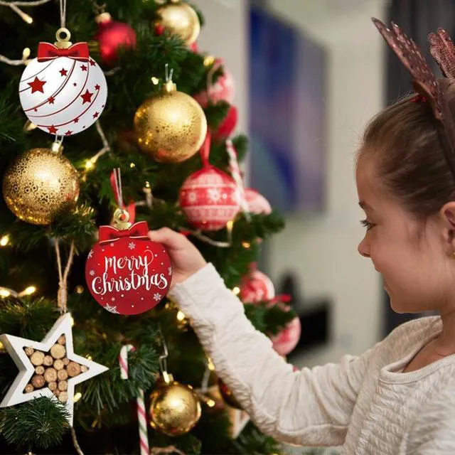 Alt view image 3 of 7 - Christmas Tree Decorations Set, 12Pcs Wood Red & White Xmas Ball Hanging Ornaments with Merry Christmas, Bow, Snowflake, Elk and Star Design Winter Ornaments for Home Holiday Party Decor