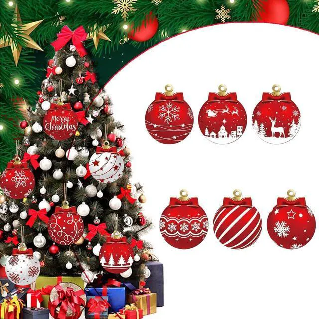 Alt view image 2 of 7 - Christmas Tree Decorations Set, 12Pcs Wood Red & White Xmas Ball Hanging Ornaments with Merry Christmas, Bow, Snowflake, Elk and Star Design Winter Ornaments for Home Holiday Party Decor