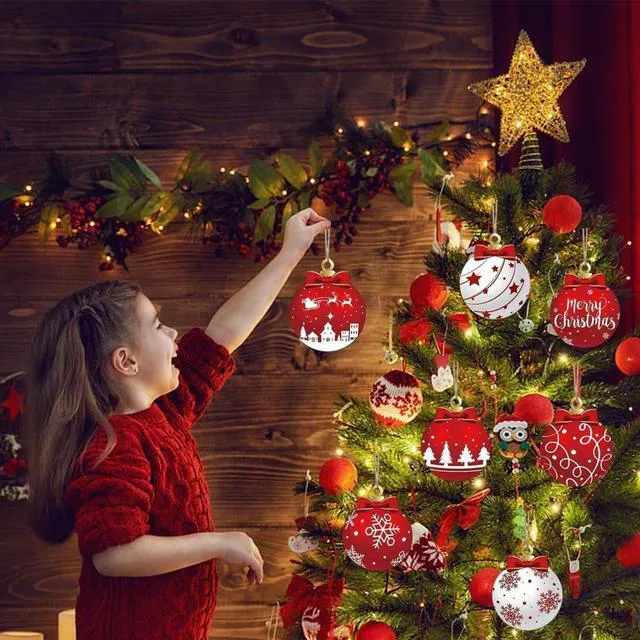 Alt view image 4 of 7 - Christmas Tree Decorations Set, 12Pcs Wood Red & White Xmas Ball Hanging Ornaments with Merry Christmas, Bow, Snowflake, Elk and Star Design Winter Ornaments for Home Holiday Party Decor