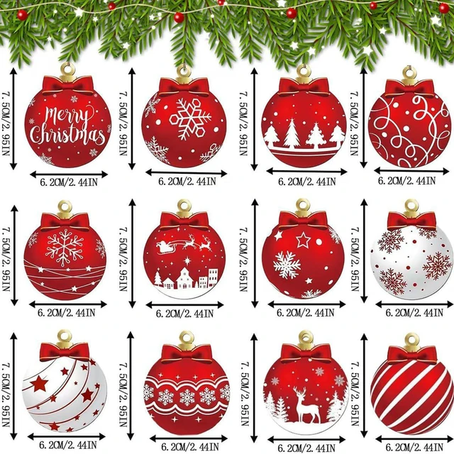 Alt view image 6 of 7 - Christmas Tree Decorations Set, 12Pcs Wood Red & White Xmas Ball Hanging Ornaments with Merry Christmas, Bow, Snowflake, Elk and Star Design Winter Ornaments for Home Holiday Party Decor