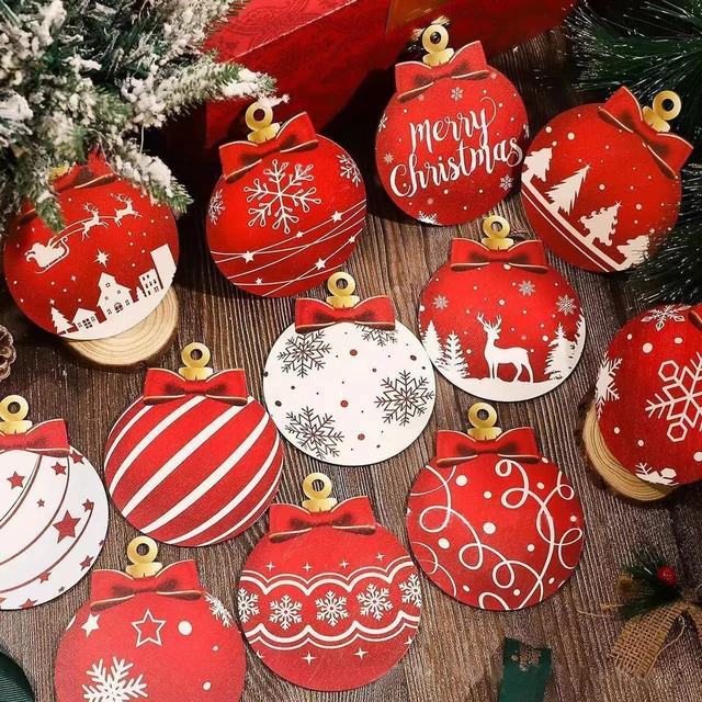 Alt view image 7 of 7 - Christmas Tree Decorations Set, 12Pcs Wood Red & White Xmas Ball Hanging Ornaments with Merry Christmas, Bow, Snowflake, Elk and Star Design Winter Ornaments for Home Holiday Party Decor