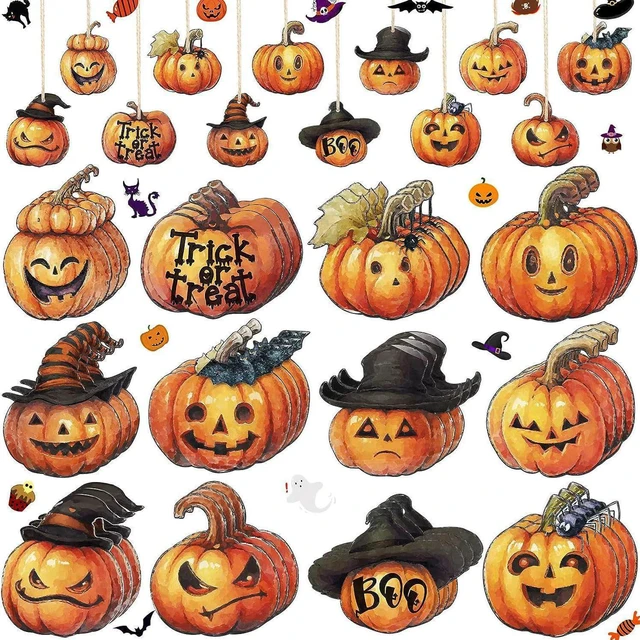 Main image of 24Pcs Halloween Wooden Pumpkin Hanging Ornaments Set, Cute Pumpkin Tree Decorations Gothic Pumpkin Design,Halloween Tree Hanging Decor for Home Party DIY Craft Gift Fall Thanksgiving Decor