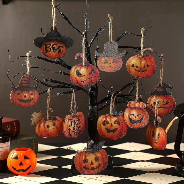 Alt view image 3 of 5 - 24Pcs Halloween Wooden Pumpkin Hanging Ornaments Set, Cute Pumpkin Tree Decorations Gothic Pumpkin Design,Halloween Tree Hanging Decor for Home Party DIY Craft Gift Fall Thanksgiving Decor