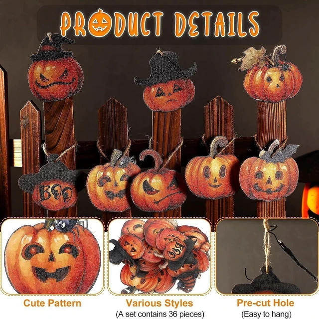 Alt view image 4 of 5 - 24Pcs Halloween Wooden Pumpkin Hanging Ornaments Set, Cute Pumpkin Tree Decorations Gothic Pumpkin Design,Halloween Tree Hanging Decor for Home Party DIY Craft Gift Fall Thanksgiving Decor