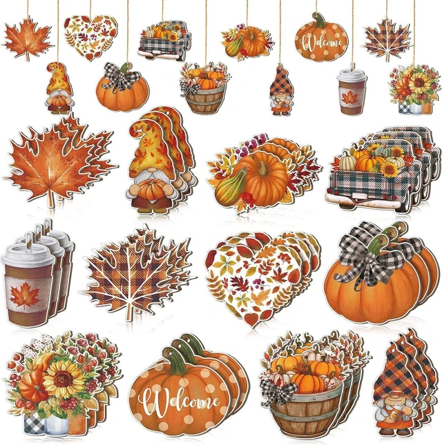 Main image of 24Pcs Fall Wooden Hanging Thanksgiving Pumpkin Gnome Maple Leaf Floral Truck Coffee Cup Design Autumn Wood Tree Decor for Front Door Window Wall Harvest Party Festival DIY Craft Supplies