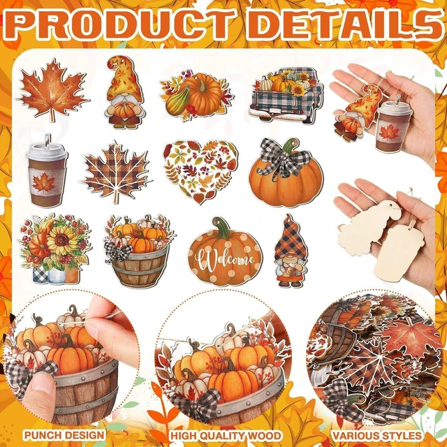Alt view image 2 of 7 - 24Pcs Fall Wooden Hanging Thanksgiving Pumpkin Gnome Maple Leaf Floral Truck Coffee Cup Design Autumn Wood Tree Decor for Front Door Window Wall Harvest Party Festival DIY Craft Supplies