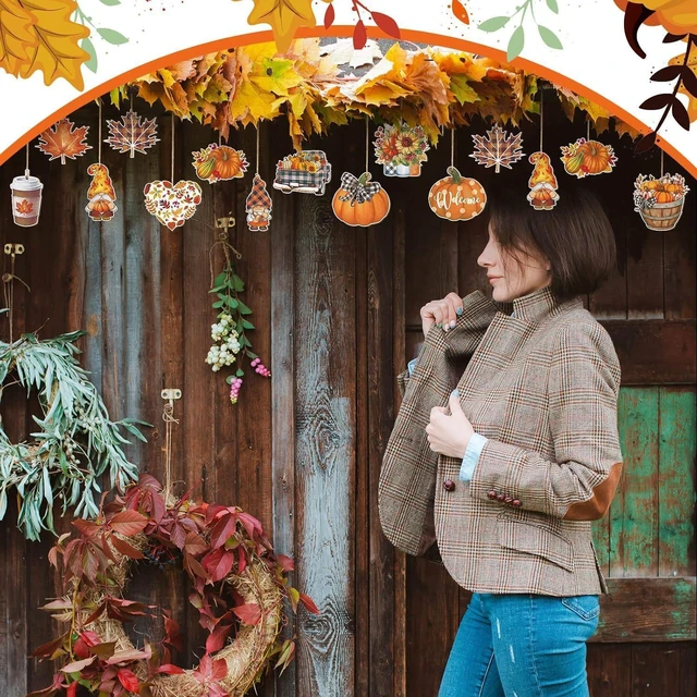 Alt view image 4 of 7 - 24Pcs Fall Wooden Hanging Thanksgiving Pumpkin Gnome Maple Leaf Floral Truck Coffee Cup Design Autumn Wood Tree Decor for Front Door Window Wall Harvest Party Festival DIY Craft Supplies