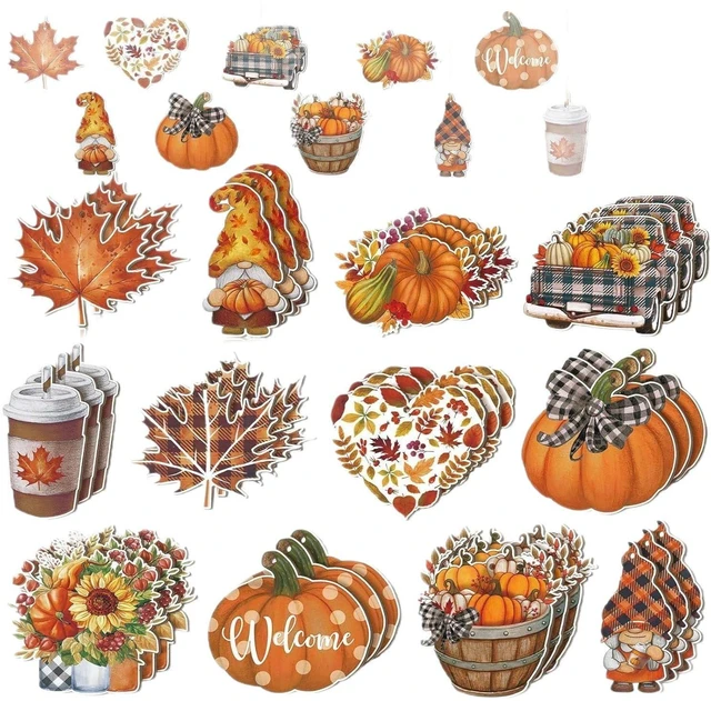Alt view image 7 of 7 - 24Pcs Fall Wooden Hanging Thanksgiving Pumpkin Gnome Maple Leaf Floral Truck Coffee Cup Design Autumn Wood Tree Decor for Front Door Window Wall Harvest Party Festival DIY Craft Supplies