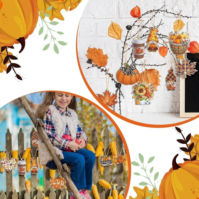 Alt view image 5 of 7 - 24Pcs Fall Wooden Hanging Thanksgiving Pumpkin Gnome Maple Leaf Floral Truck Coffee Cup Design Autumn Wood Tree Decor for Front Door Window Wall Harvest Party Festival DIY Craft Supplies