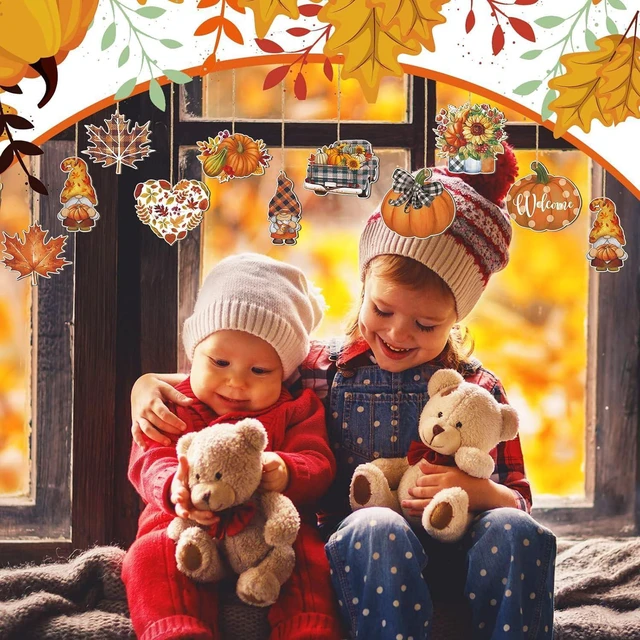 Alt view image 3 of 7 - 24Pcs Fall Wooden Hanging Thanksgiving Pumpkin Gnome Maple Leaf Floral Truck Coffee Cup Design Autumn Wood Tree Decor for Front Door Window Wall Harvest Party Festival DIY Craft Supplies