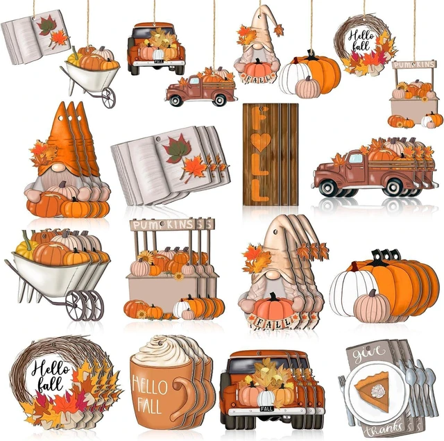 Main image of 12PcsFall Thanksgiving Wooden Hanging Ornaments Cute Pumpkin Gnome Tree Decorations Autumn Maple Leaf Hanging Decor for Thanksgiving Home