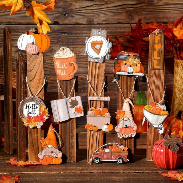 Alt view image 3 of 6 - 12PcsFall Thanksgiving Wooden Hanging Ornaments Cute Pumpkin Gnome Tree Decorations Autumn Maple Leaf Hanging Decor for Thanksgiving Home
