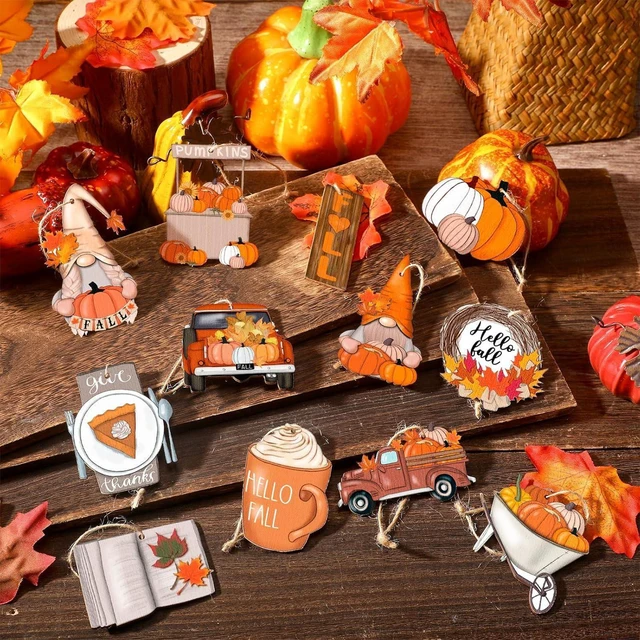 Alt view image 2 of 6 - 12PcsFall Thanksgiving Wooden Hanging Ornaments Cute Pumpkin Gnome Tree Decorations Autumn Maple Leaf Hanging Decor for Thanksgiving Home