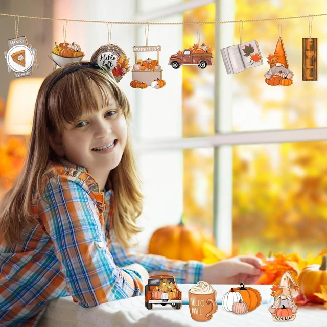 Alt view image 4 of 6 - 12PcsFall Thanksgiving Wooden Hanging Ornaments Cute Pumpkin Gnome Tree Decorations Autumn Maple Leaf Hanging Decor for Thanksgiving Home