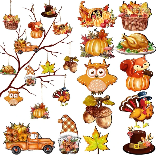 Main image of 12Pcs Fall Thanksgiving Wooden Hanging Ornaments Pumpkin Squirrel Owl Turkey Gnome Maple Leaf Truck Hat Acorn Design Autumn Tree Decorations DIY Hanging Decor Accessories
