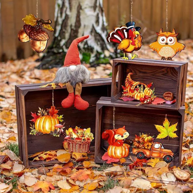 Alt view image 3 of 7 - 12Pcs Fall Thanksgiving Wooden Hanging Ornaments Pumpkin Squirrel Owl Turkey Gnome Maple Leaf Truck Hat Acorn Design Autumn Tree Decorations DIY Hanging Decor Accessories