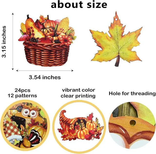 Alt view image 4 of 7 - 12Pcs Fall Thanksgiving Wooden Hanging Ornaments Pumpkin Squirrel Owl Turkey Gnome Maple Leaf Truck Hat Acorn Design Autumn Tree Decorations DIY Hanging Decor Accessories