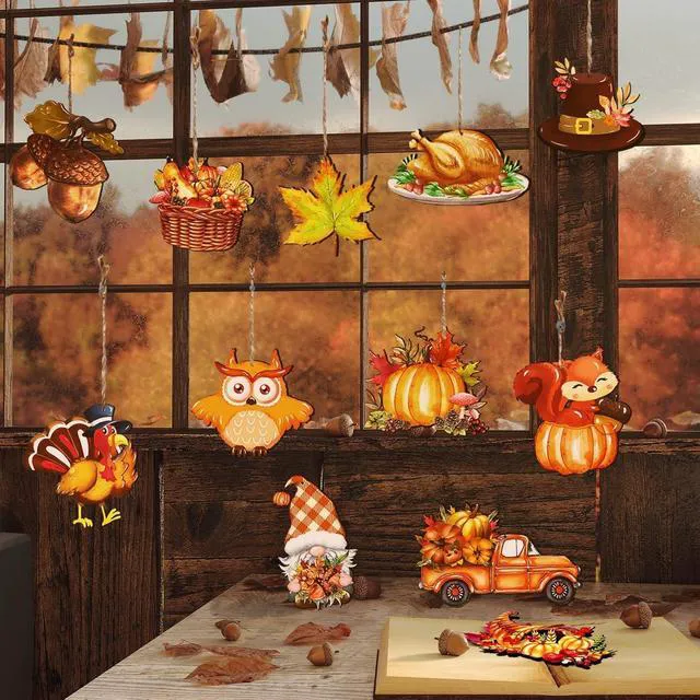 Alt view image 6 of 7 - 12Pcs Fall Thanksgiving Wooden Hanging Ornaments Pumpkin Squirrel Owl Turkey Gnome Maple Leaf Truck Hat Acorn Design Autumn Tree Decorations DIY Hanging Decor Accessories