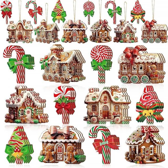 Main image of 12Pcs Christmas Wooden Ornaments Gingerbread House Tree Decorations with Candy Canes Xmas Trees Gingerbread Man Design Wood Craft Hanging Ornaments Cute Santa Decorations for Winter Holiday Party DIY
