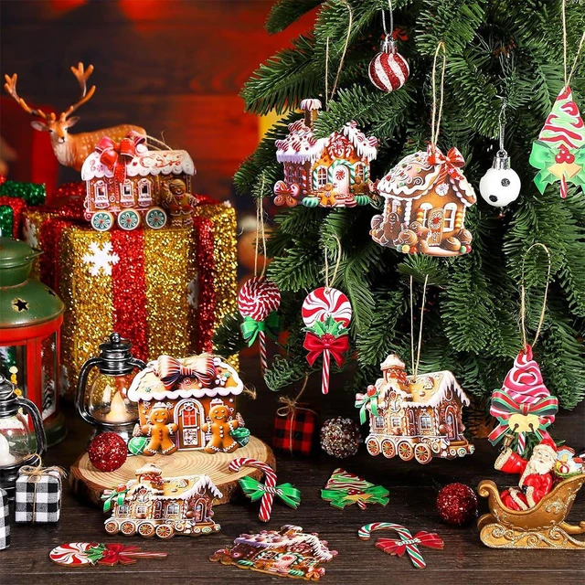 Alt view image 2 of 7 - 12Pcs Christmas Wooden Ornaments Gingerbread House Tree Decorations with Candy Canes Xmas Trees Gingerbread Man Design Wood Craft Hanging Ornaments Cute Santa Decorations for Winter Holiday Party DIY