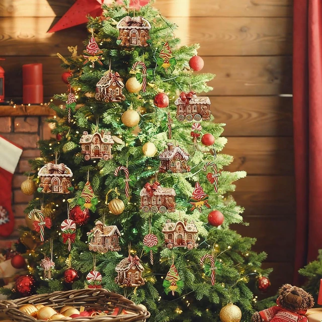 Alt view image 3 of 7 - 12Pcs Christmas Wooden Ornaments Gingerbread House Tree Decorations with Candy Canes Xmas Trees Gingerbread Man Design Wood Craft Hanging Ornaments Cute Santa Decorations for Winter Holiday Party DIY