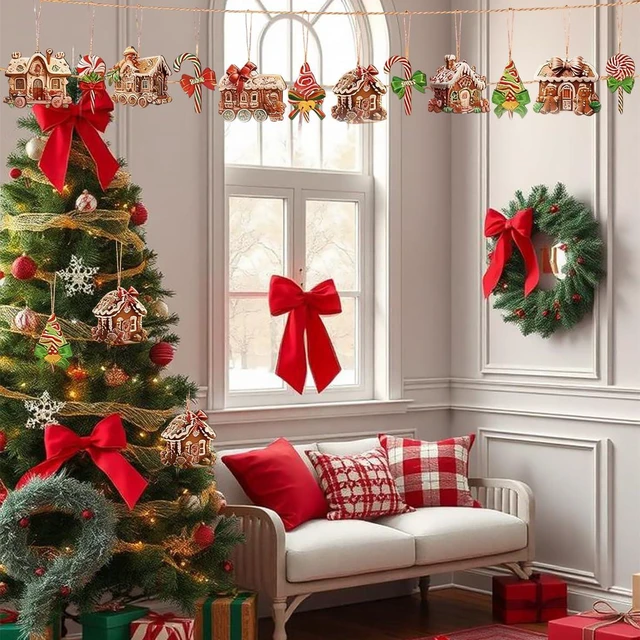 Alt view image 4 of 7 - 12Pcs Christmas Wooden Ornaments Gingerbread House Tree Decorations with Candy Canes Xmas Trees Gingerbread Man Design Wood Craft Hanging Ornaments Cute Santa Decorations for Winter Holiday Party DIY