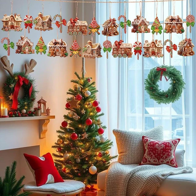 Alt view image 5 of 7 - 12Pcs Christmas Wooden Ornaments Gingerbread House Tree Decorations with Candy Canes Xmas Trees Gingerbread Man Design Wood Craft Hanging Ornaments Cute Santa Decorations for Winter Holiday Party DIY