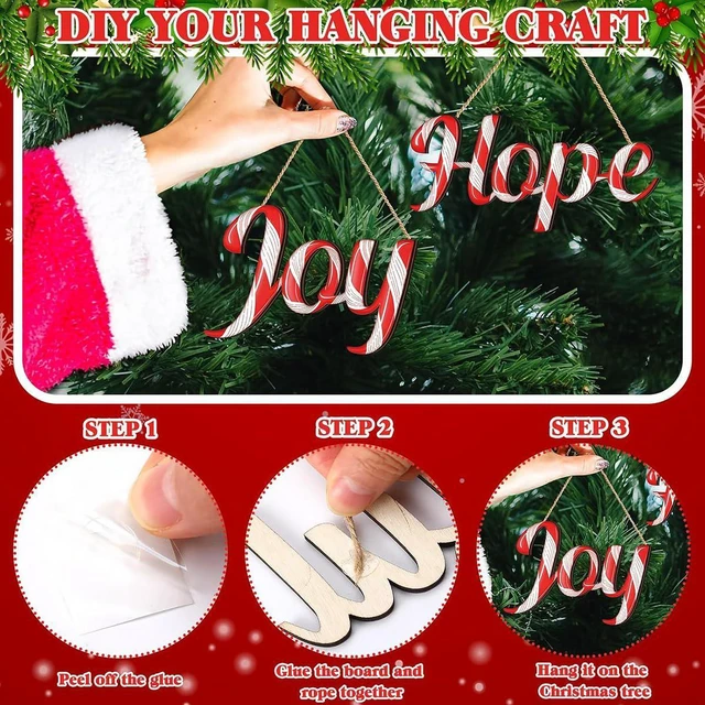 Alt view image 6 of 7 - 10Pcs Christmas Wooden Ornaments Candy Canes Letters Hanging Ornament with Red White Stripes Wood Candy Decoration Design Sign Joy Word Love Merry Christmas Tree Decorations for Winter Holiday Decor