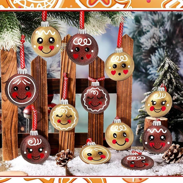 Alt view image 2 of 7 - 12Pcs Christmas Hanging Ornaments Cute Santa Gift Ball Double Sided Printing Tree Decorations with Gold Red Glitter Design Wooden Ornaments Xmas Bling Decorations for Winter Holiday Party Home Decor