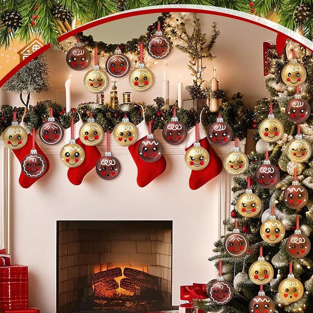 Alt view image 3 of 7 - 12Pcs Christmas Hanging Ornaments Cute Santa Gift Ball Double Sided Printing Tree Decorations with Gold Red Glitter Design Wooden Ornaments Xmas Bling Decorations for Winter Holiday Party Home Decor