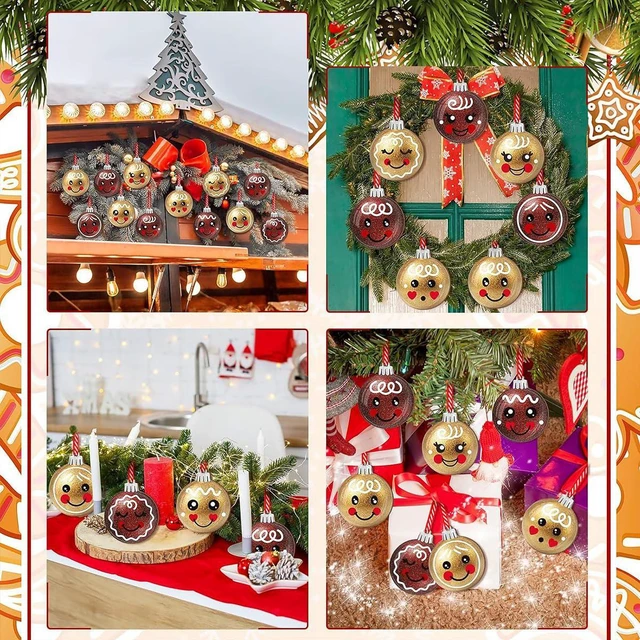 Alt view image 4 of 7 - 12Pcs Christmas Hanging Ornaments Cute Santa Gift Ball Double Sided Printing Tree Decorations with Gold Red Glitter Design Wooden Ornaments Xmas Bling Decorations for Winter Holiday Party Home Decor