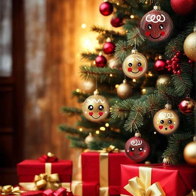 Alt view image 6 of 7 - 12Pcs Christmas Hanging Ornaments Cute Santa Gift Ball Double Sided Printing Tree Decorations with Gold Red Glitter Design Wooden Ornaments Xmas Bling Decorations for Winter Holiday Party Home Decor