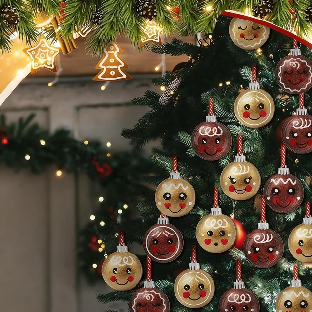 Alt view image 5 of 7 - 12Pcs Christmas Hanging Ornaments Cute Santa Gift Ball Double Sided Printing Tree Decorations with Gold Red Glitter Design Wooden Ornaments Xmas Bling Decorations for Winter Holiday Party Home Decor