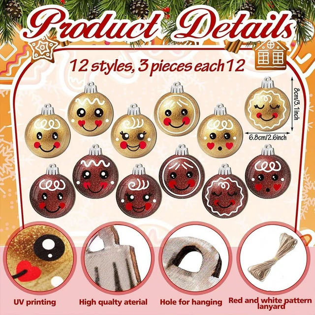 Alt view image 7 of 7 - 12Pcs Christmas Hanging Ornaments Cute Santa Gift Ball Double Sided Printing Tree Decorations with Gold Red Glitter Design Wooden Ornaments Xmas Bling Decorations for Winter Holiday Party Home Decor